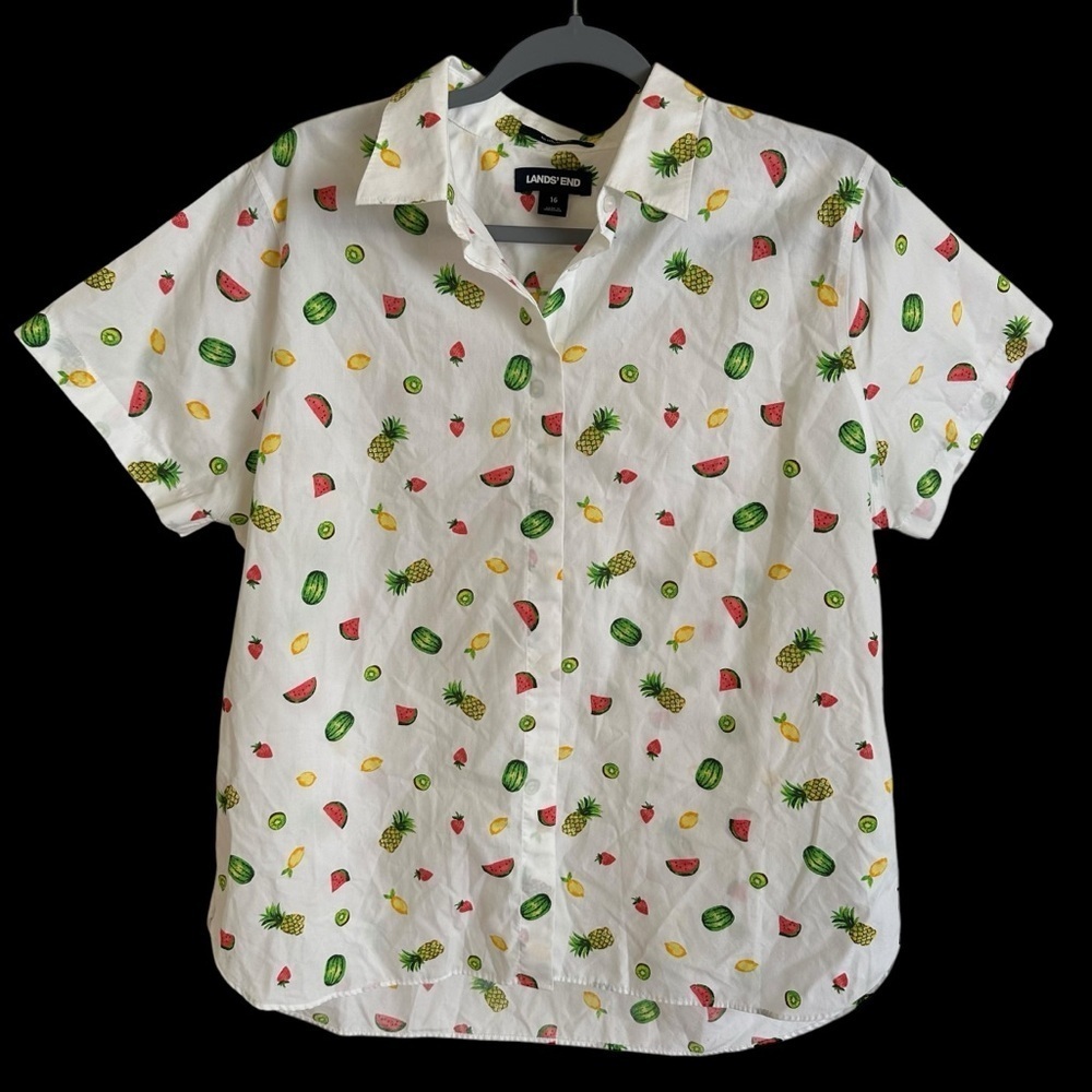 Lands End Size 16 No Iron Supima Cotton‎ Button Up Shirt Pineapple Tropical Fun